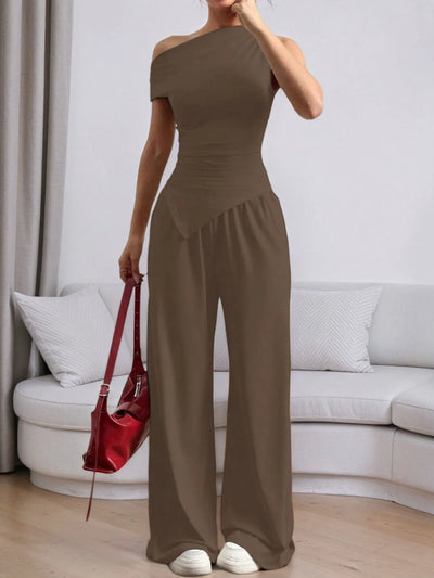 Stylish brown top with trendy pants, perfect for a chic casual look