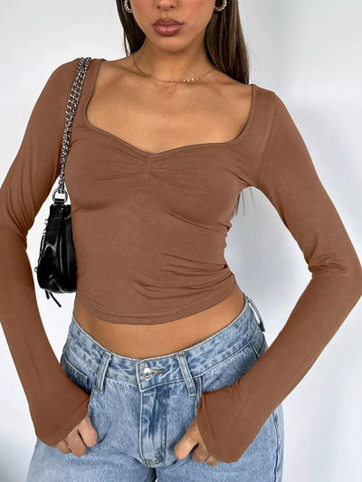 Trendy Fitted Tee in Brown with Long Sleeves and Scoop Neck Style for a Chic Look