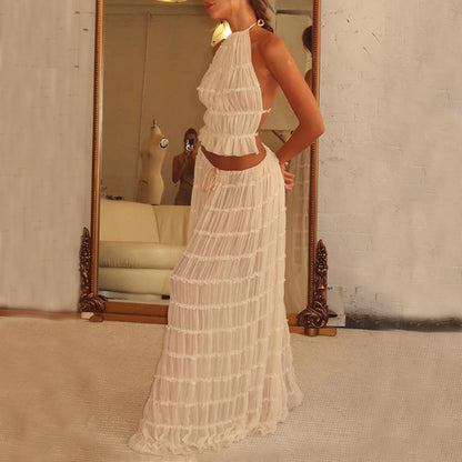 Elegant Trendy Halter Top & Maxi Skirt Set in Light Color for Stylish Summer Outfits