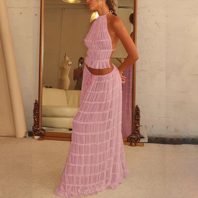 Trendy Halter Top & Maxi Skirt in pastel pink with layered design for a chic summer look