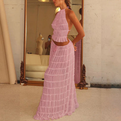 Trendy Halter Top & Maxi Skirt in pastel pink with layered design for a chic summer look