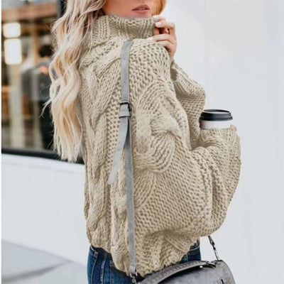 Light beige Turtleneck Sweater with cable knit design, styled casually with a coffee cup