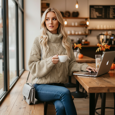 Cozy CJ Turtleneck Sweater in beige, perfect for casual outings and coffee shop looks