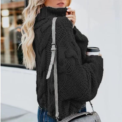 Black CJ Turtleneck Sweater with Cable Knit Design for a Cozy and Stylish Look