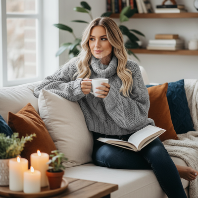 Cozy gray Turtleneck Sweater worn by a woman holding a coffee cup while reading on a sofa