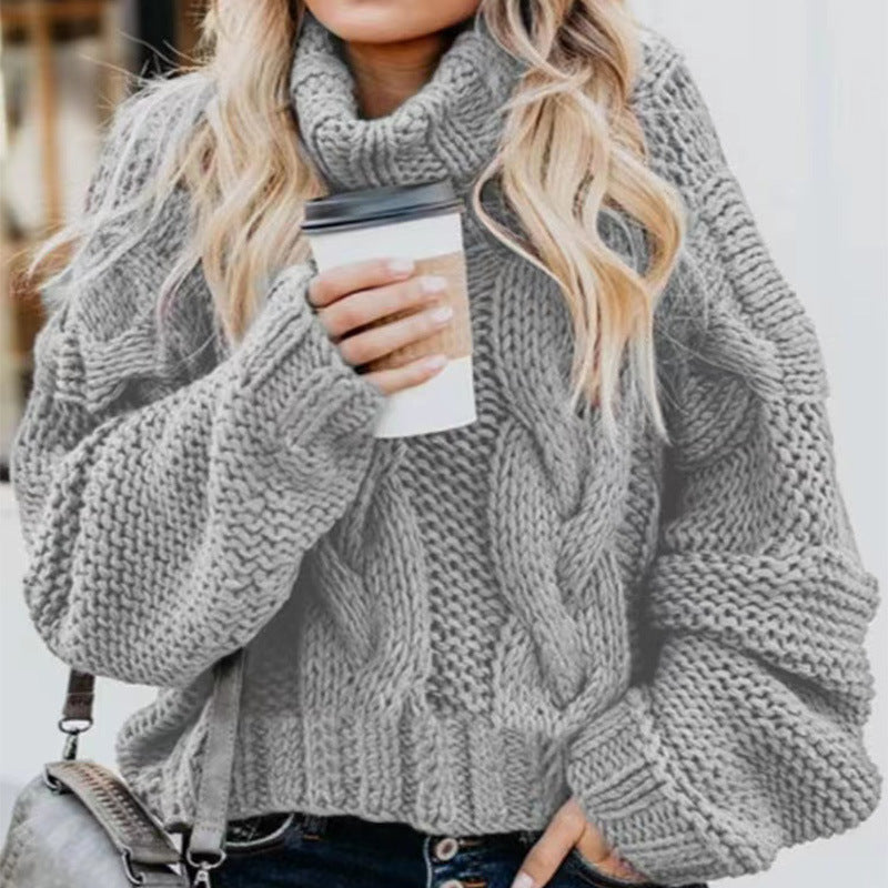 Cozy gray Turtleneck Sweater with cable knit design, perfect for casual outings and warmth