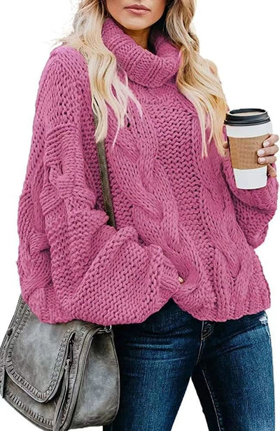 Pink Turtleneck Sweater with Cable Knit Design, Perfect for Casual Outings and Cool Weather
