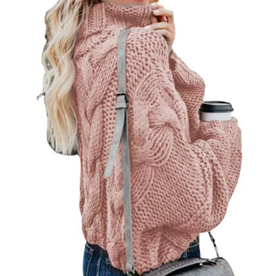 Stylish pink Turtleneck Sweater with cable knit design, perfect for casual autumn outfits
