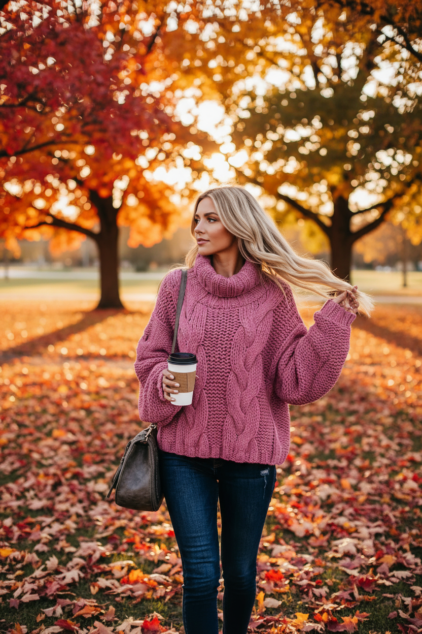 Cozy pink Turtleneck Sweater with cable knit design, perfect for autumn outings