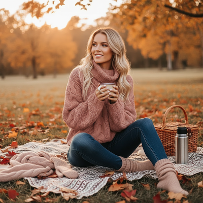 Cozy CJ Turtleneck Sweater in pink, paired with jeans, perfect for autumn outdoor lounging