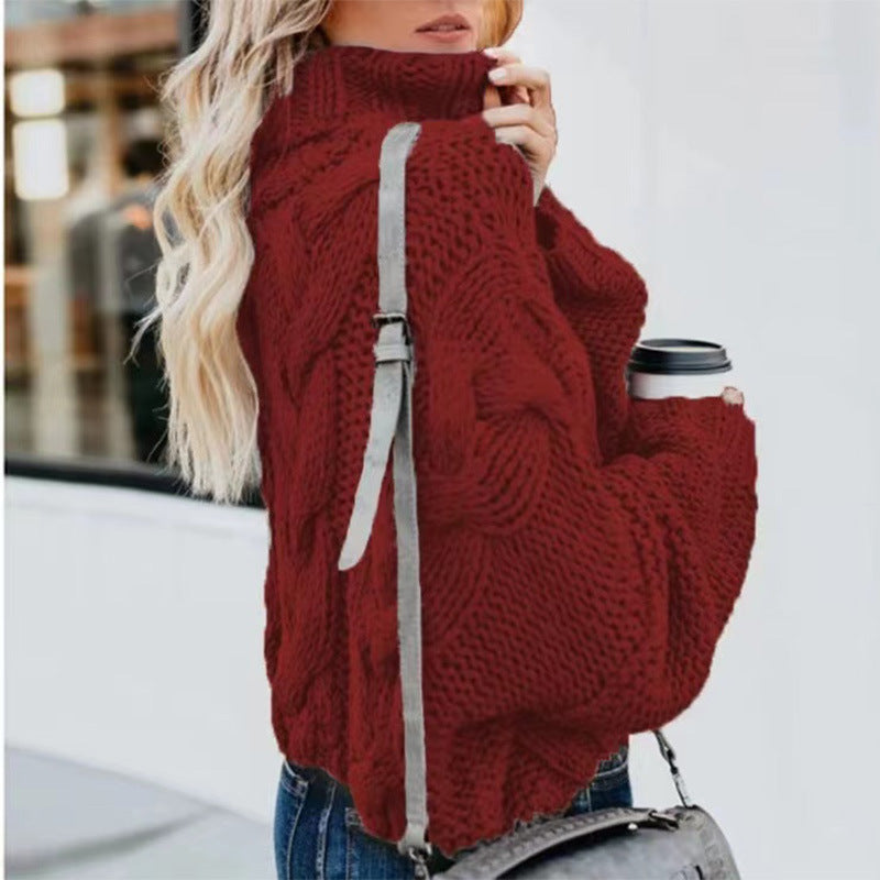 Stylish burgundy Turtleneck Sweater with cable knit design for a cozy look and feel