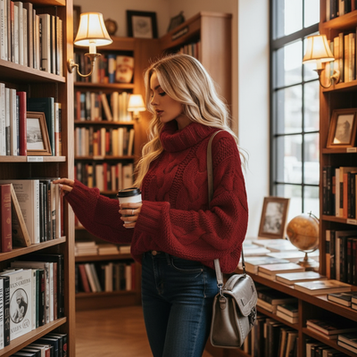 Cozy red Turtleneck Sweater worn by a woman browsing books in a library