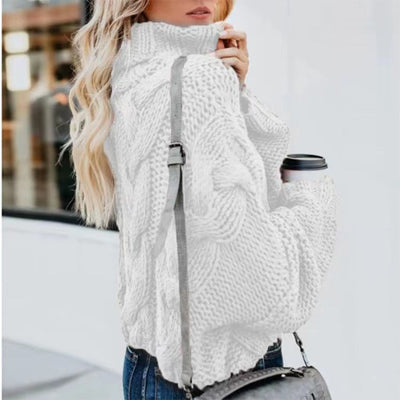 Stylish white Turtleneck Sweater made with chunky cable knit design for a cozy look