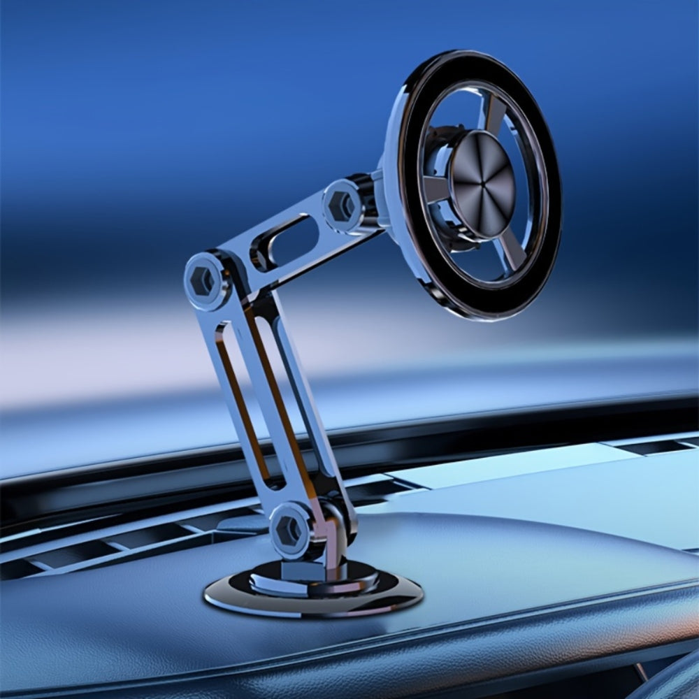 Fashions Envy Magnetic Car Phone Holder with adjustable chrome arm and circular magnetic mount on a vehicle dashboard