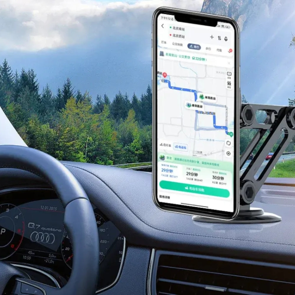 Fashions Envy Magnetic Car Phone Holder on car dashboard holding smartphone with navigation map and scenic view