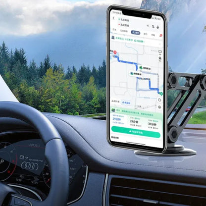 Fashions Envy Magnetic Car Phone Holder on car dashboard holding smartphone with navigation map and scenic view