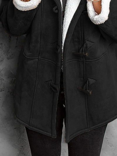 Trendsi black plus size sherpa lined winter coat with white sherpa trim toggle closures and pockets