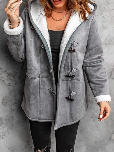 Trendsi plus size sherpa lined winter coat gray hooded toggle closure with white fleece trim
