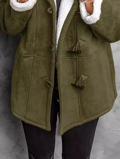 Trendsi plus size sherpa lined winter coat in olive green with toggle closures and white sherpa trim