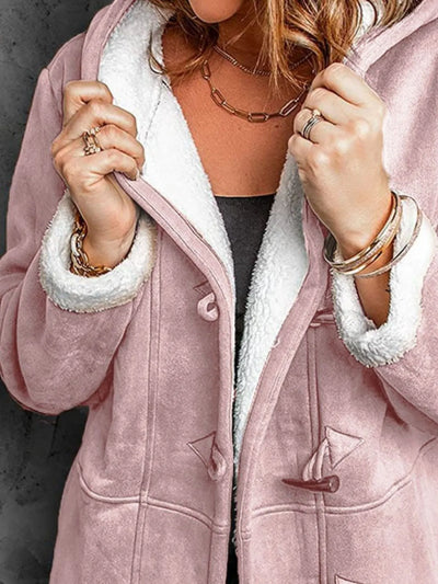Trendsi plus size sherpa lined winter coat in dusty pink with hood toggle closures and faux suede