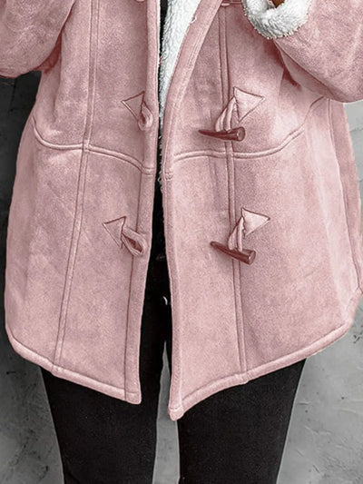 Trendsi pink suede duffle coat with toggle closures and white sherpa trim plus size sherpa lined winter coat