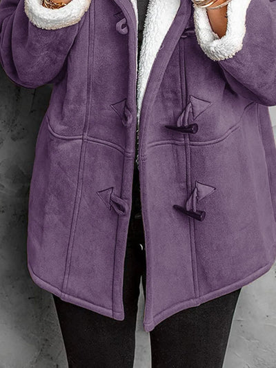 Trendsi purple suede toggle coat with white sherpa trim on collar and cuffs plus size sherpa lined winter coat