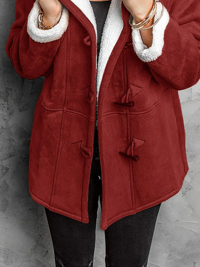 Trendsi plus size sherpa lined winter coat in burgundy with white sherpa trim toggle closures mid length