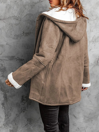 Trendsi plus size sherpa lined winter coat taupe hooded suede look back view with white sherpa cuffs