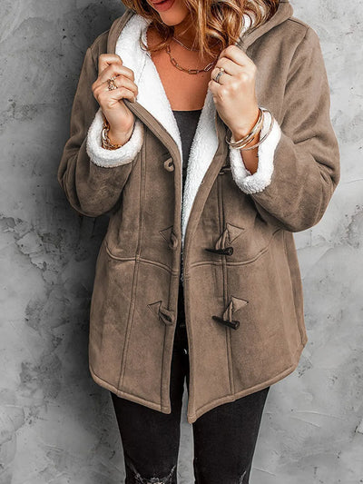 Trendsi plus size sherpa lined winter coat taupe faux suede with hood white sherpa trim toggle closures and pockets