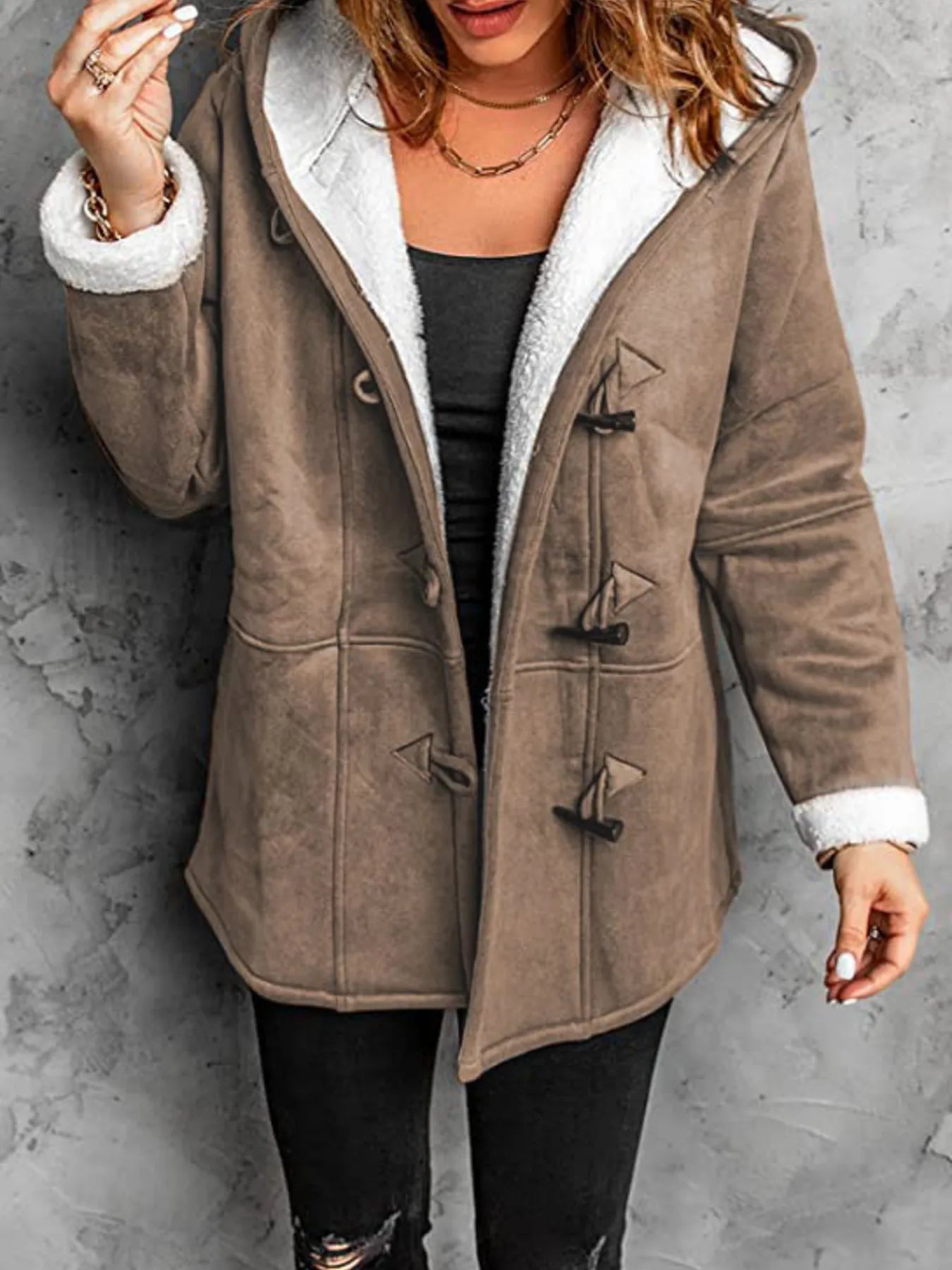 Trendsi plus size sherpa lined winter coat taupe hooded duffle style with toggle closures and cuffed sleeves