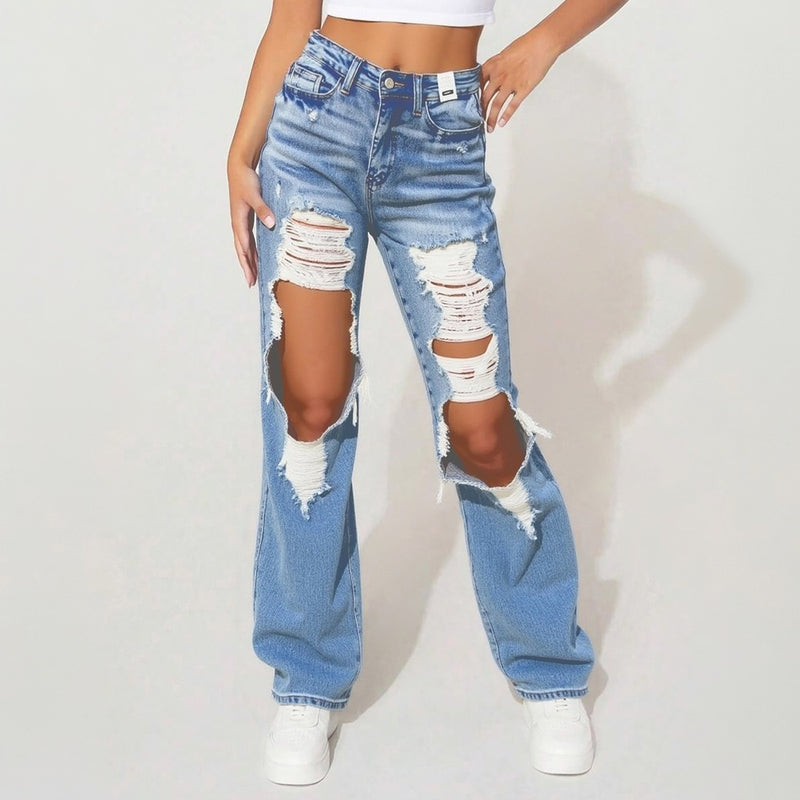 Trendsi light blue high waisted distressed jeans with large knee rips and relaxed straight leg fit