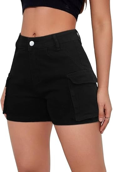 Trendsi black high waist Cargo Pocket Shorts with side flap pockets and button closure on model