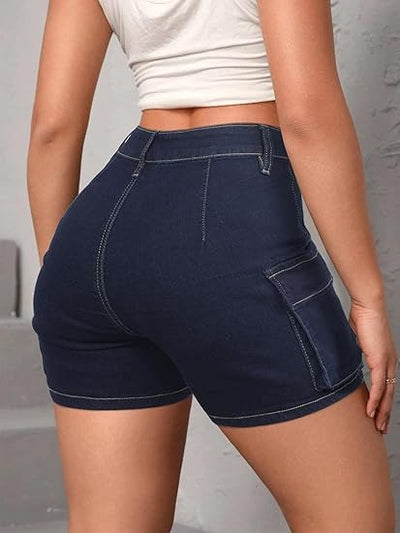 Trendsi navy high waist Cargo Pocket Shorts on model back view with side cargo pocket and contrast stitching