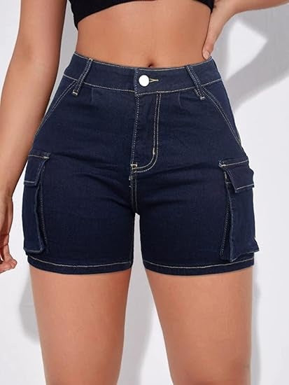 Trendsi dark navy high waist Cargo Pocket Shorts with side flap pockets and contrast stitching mid thigh