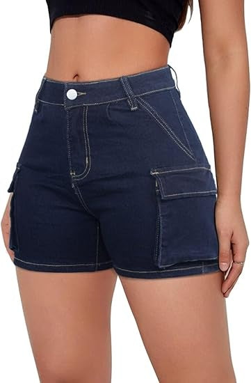 Trendsi Cargo Pocket Shorts high waist navy denim shorts with large side cargo pockets and contrast stitching