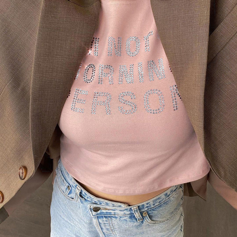Trendsi pink rhinestone lettering Crop T-Shirt styled under brown blazer with high waisted light wash jeans