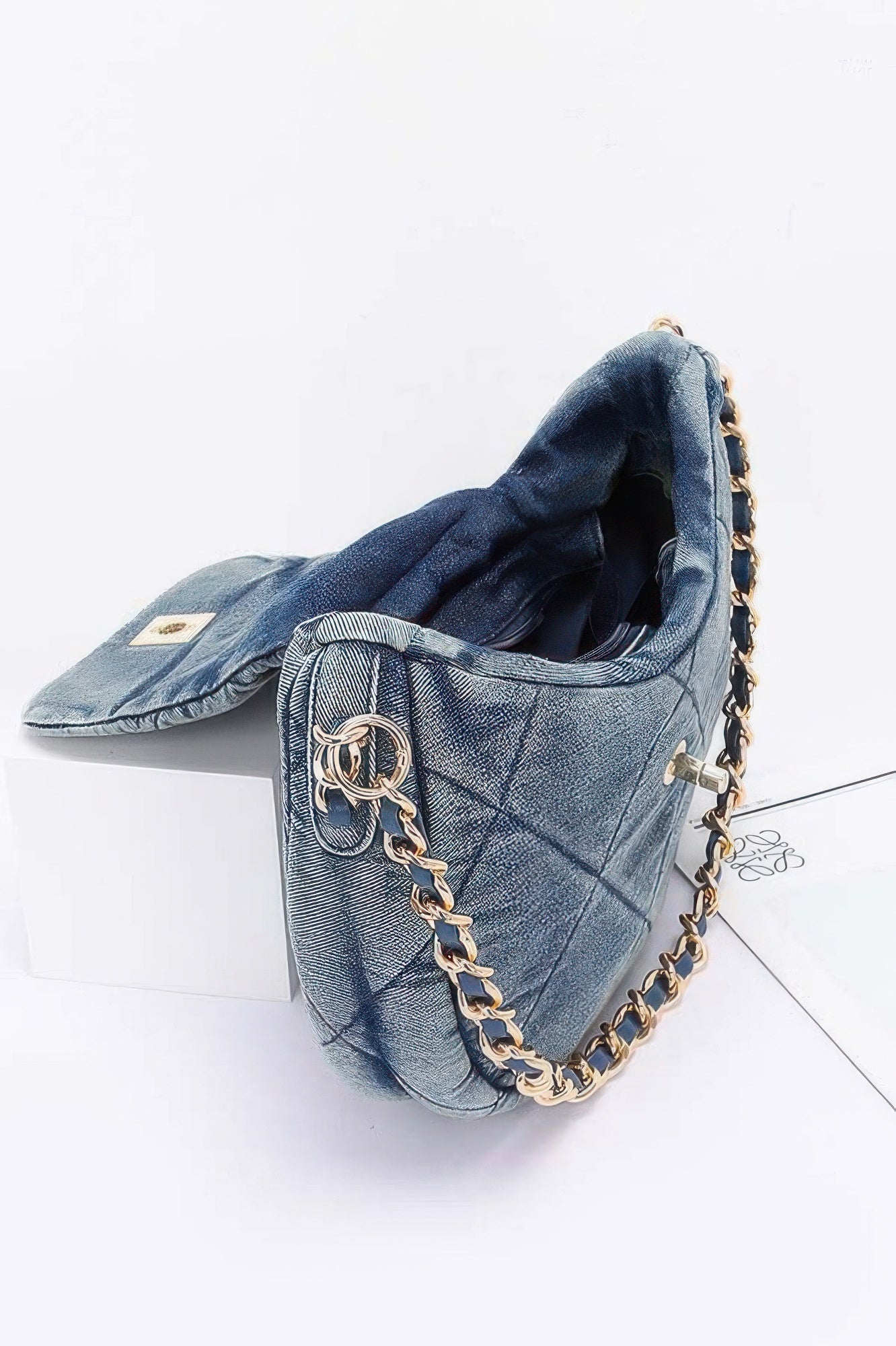 Denim Crossbody Bag quilted faded blue denim flap purse with gold chain strap and turn lock closure