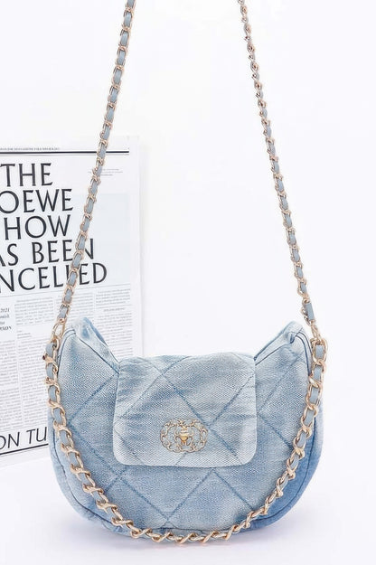 Denim Crossbody Bag light wash quilted crescent bag with gold chain strap and flap closure
