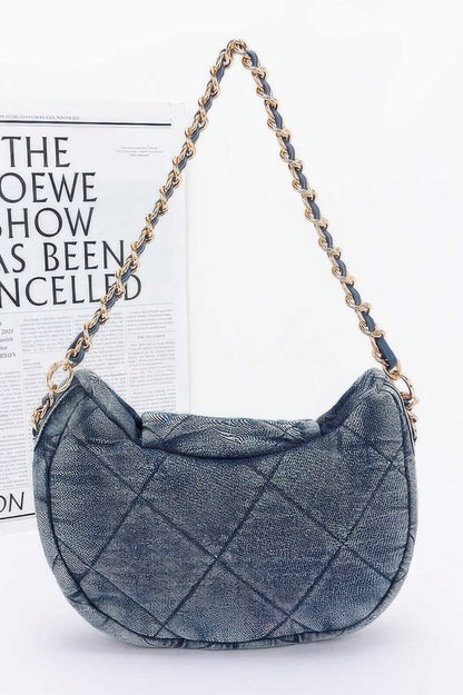 Denim Crossbody Bag quilted crescent shoulder bag in light wash blue denim with gold chain strap