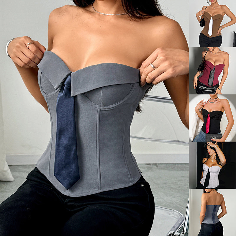 Trendsi Y2K bandeau top gray strapless corset with front necktie detail for retro clubwear