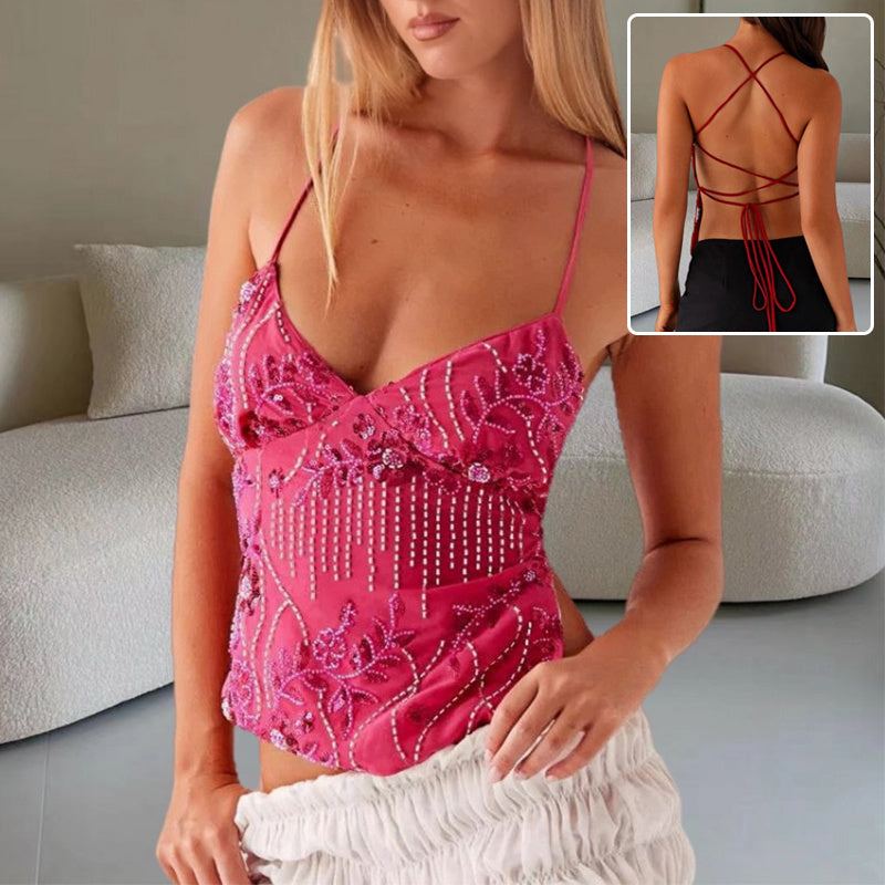 Trendsi Y2K flower beaded bandeau top in pink with floral beadwork and thin straps and crisscross tie back