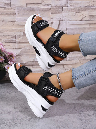 Trendsi black Platform Sport Sandals with chunky white platform sole and adjustable velcro straps