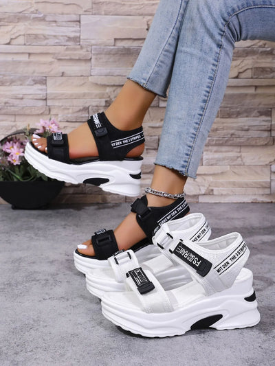 Platform Sport Sandals by Trendsi chunky white sole black and white strappy sandals with adjustable ankle straps