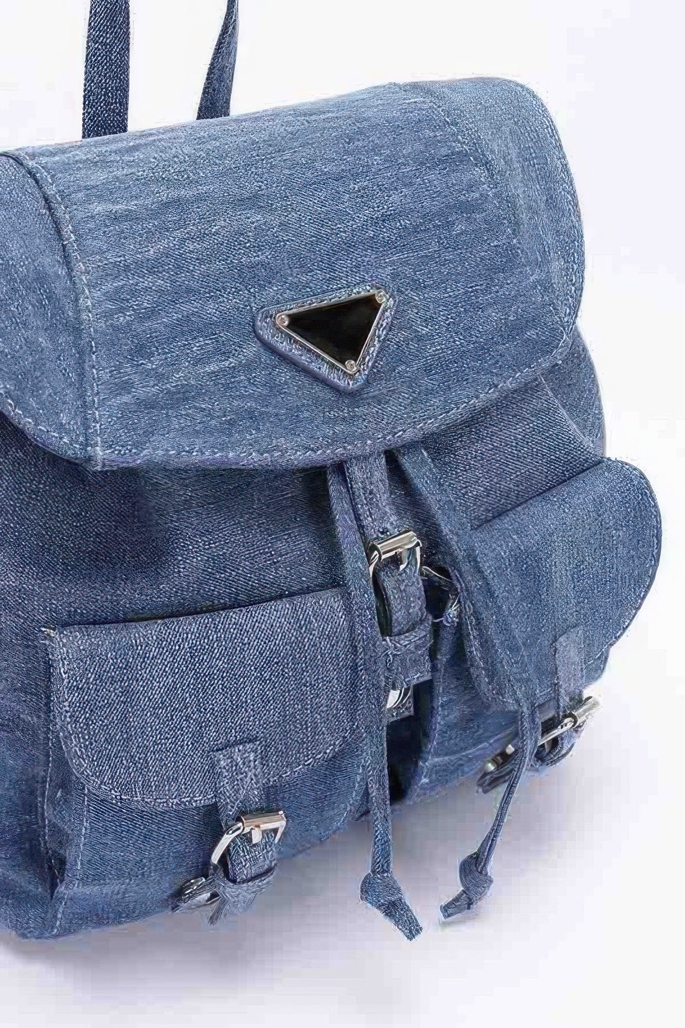 CCWHOLESALECLOTHING blue denim backpack with double pockets front flap drawstring and buckle closures for everyday use