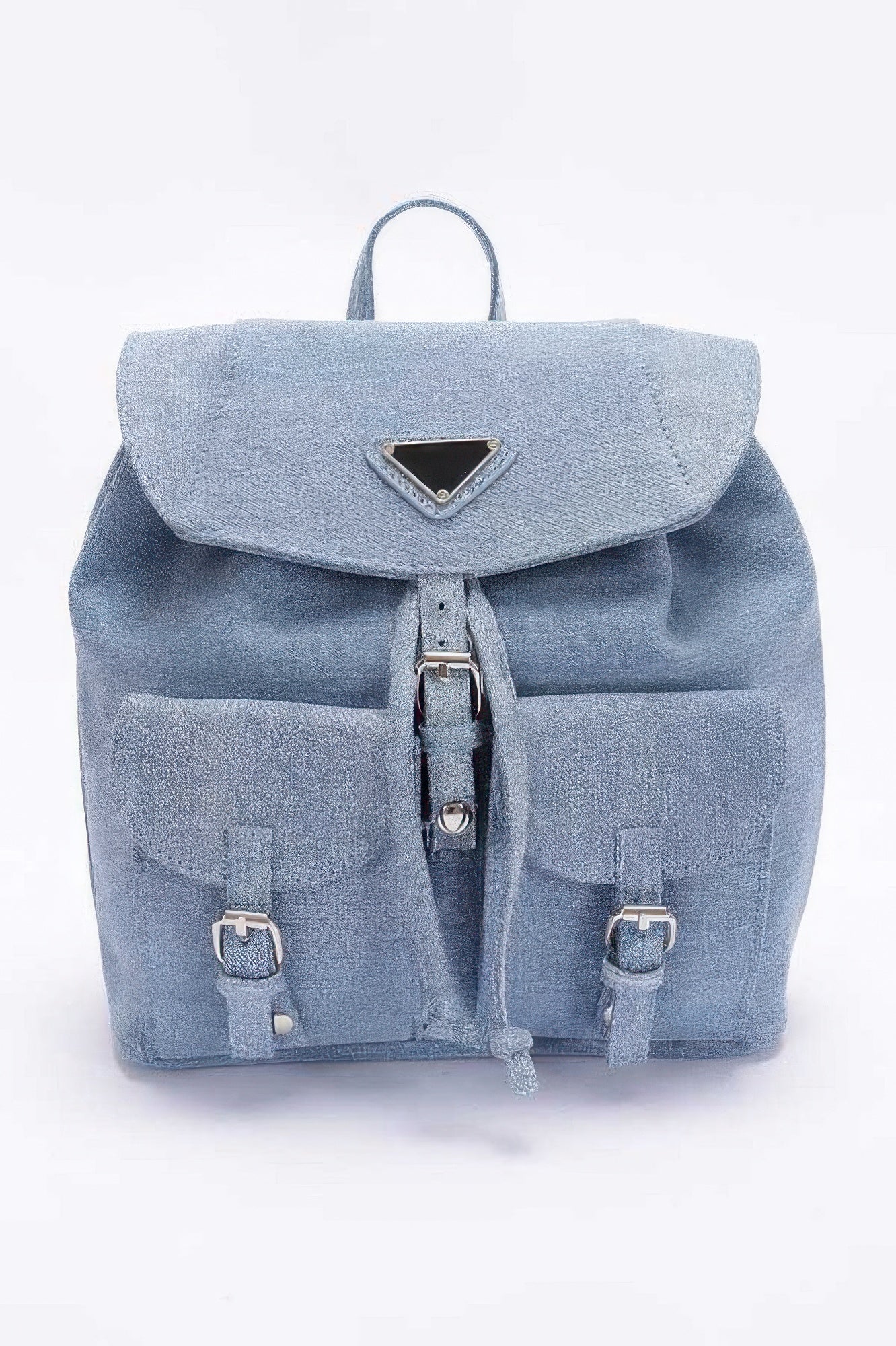Light blue denim backpack with double pockets front flap drawstring buckle straps and top handle