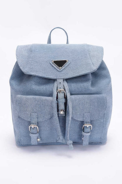 Light blue denim backpack with double pockets front flap drawstring buckle straps and top handle