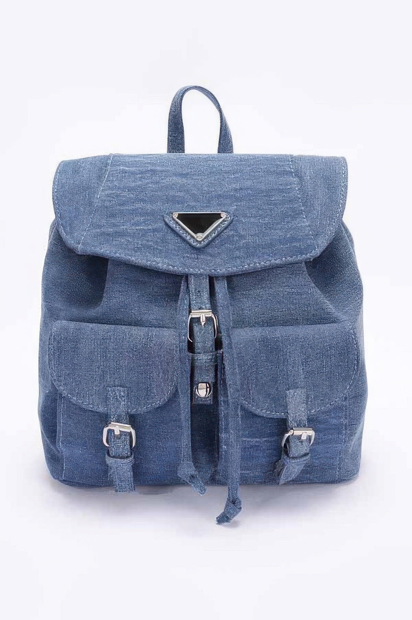 CCWHOLESALECLOTHING faded blue denim backpack with double pockets buckle flap closures and drawstring