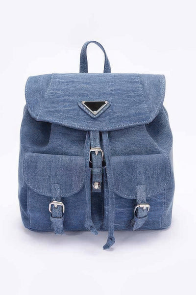 CCWHOLESALECLOTHING faded blue denim backpack with double pockets buckle flap closures and drawstring