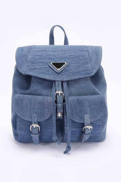 CCWHOLESALECLOTHING faded blue denim backpack with double pockets buckle flap closures and drawstring