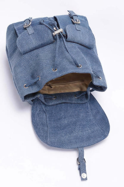 CCWHOLESALECLOTHING denim backpack with double pockets blue denim drawstring flap and buckles
